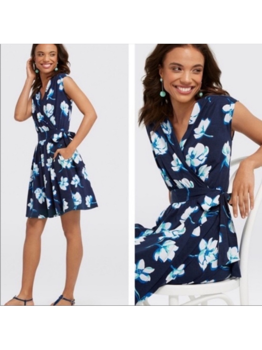 DRAPER JAMES Blue Floral Knot Wrap Dress Size Medium NWT
